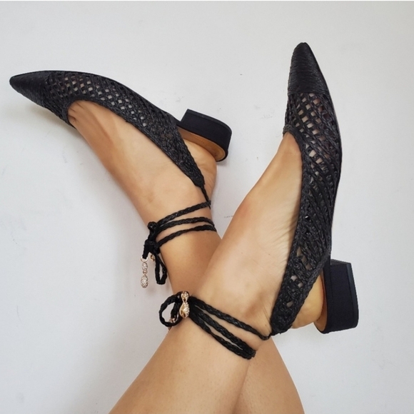 Jennifer Sumko Antonio Melani Black Newport Woven Lace Up Ballet Flats - Picture 1 of 12